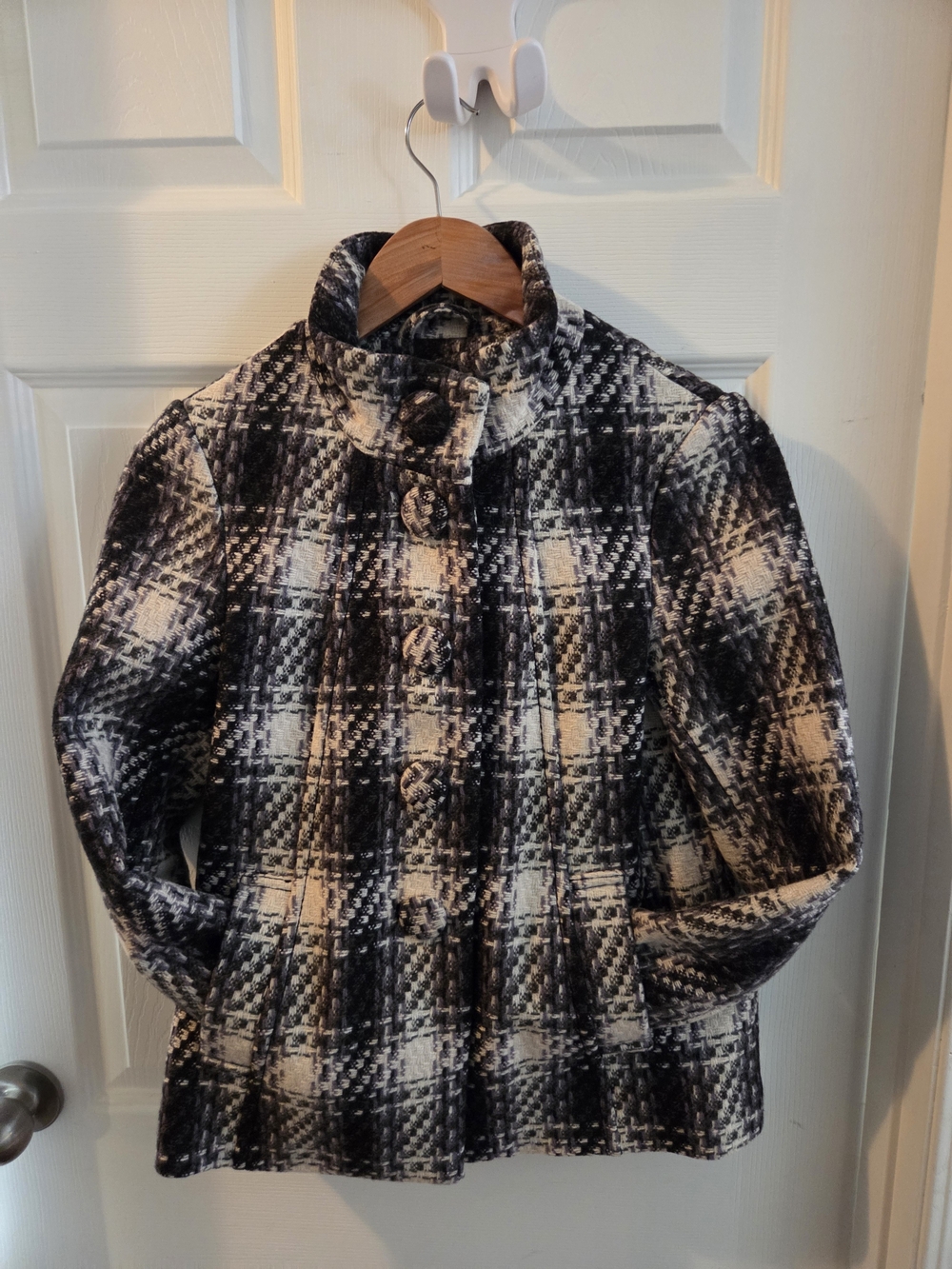 H&M Black & Cream Plaid Pea Coat